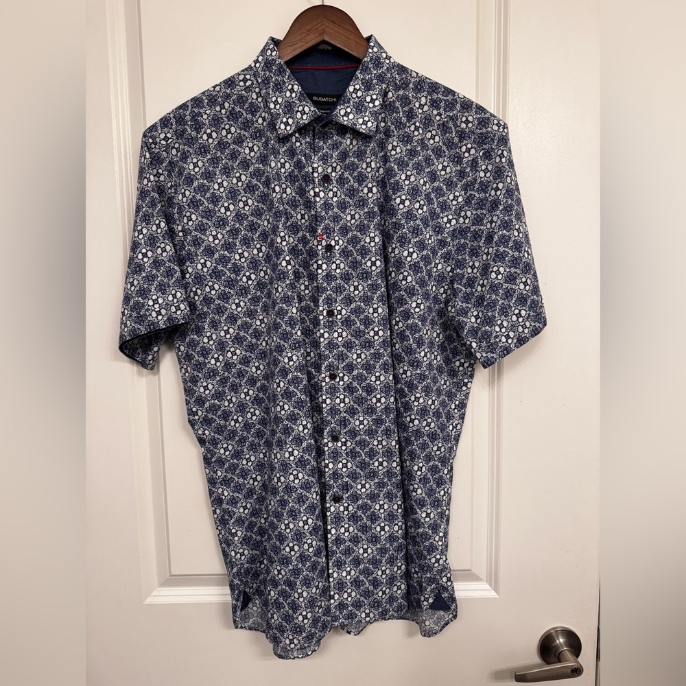Bugatchi Navy and White Geometric Men's Shirt
